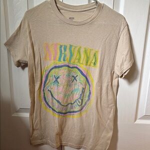 NIRVANA Tan Tee with Colorful Smiley Design
